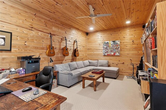 602 Jefferson Ave, New Orleans, LA 70115 - carpeted living room featuring an office area, a ceiling fan, wood ceiling, wood walls, and recessed lighting