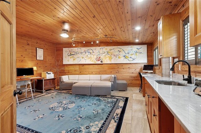 602 Jefferson Ave, New Orleans, LA 70115 - living area with wooden ceiling, rail lighting, wooden walls, recessed lighting, and an office area