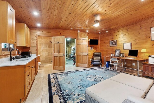 602 Jefferson Ave, New Orleans, LA 70115 - office featuring a sink, wood walls, wooden ceiling, and recessed lighting
