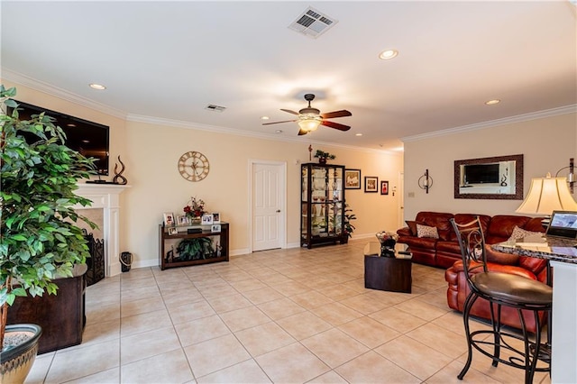 1326 Prentiss Ave, New Orleans, LA 70122 - living area with light tile patterned flooring, ceiling fan, crown molding, and recessed lighting