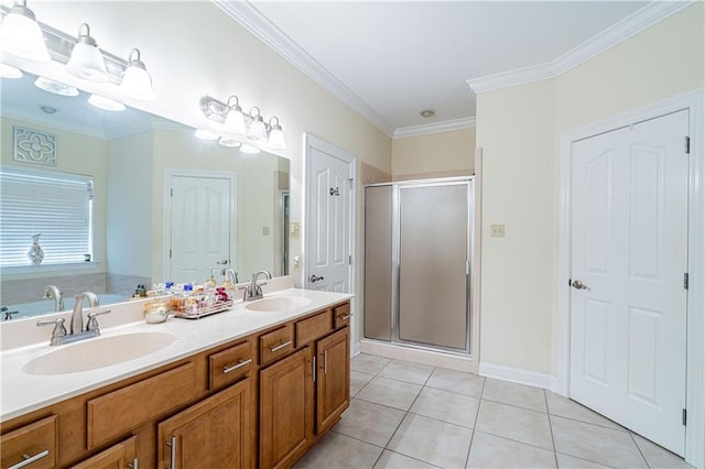1326 Prentiss Ave, New Orleans, LA 70122 - full bath featuring a shower stall, ornamental molding, double vanity, and tile patterned floors