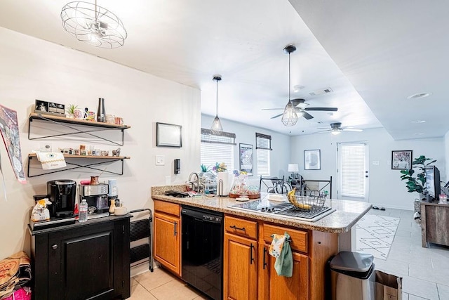 606 Filmore St, New Orleans, LA 70124 - kitchen featuring black dishwasher, light tile patterned floors, a peninsula, brown cabinetry, and a sink