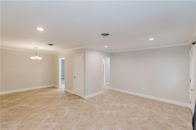 1801 River Oaks Dr, New Orleans, LA 70131 - unfurnished room featuring a chandelier, ornamental molding, recessed lighting, light tile patterned flooring, and baseboards