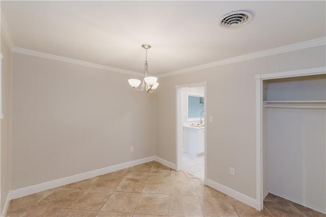 1801 River Oaks Dr, New Orleans, LA 70131 - unfurnished dining area with crown molding, a chandelier, baseboards, and light tile patterned floors