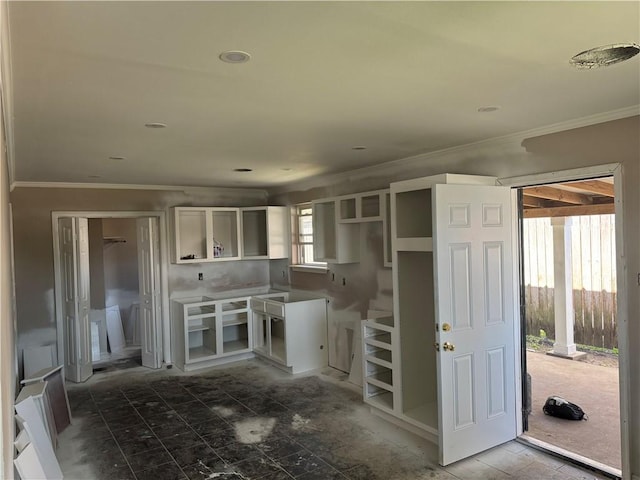 7916 Unity Dr, New Orleans, LA 70128 - kitchen with ornamental molding and white cabinetry