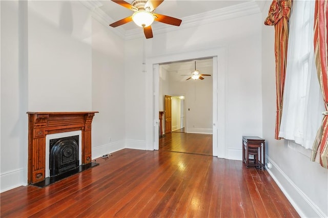 820 St Ann St Unit A, New Orleans, LA 70116 - unfurnished living room with ceiling fan, ornamental molding, hardwood / wood-style floors, a fireplace, and baseboards