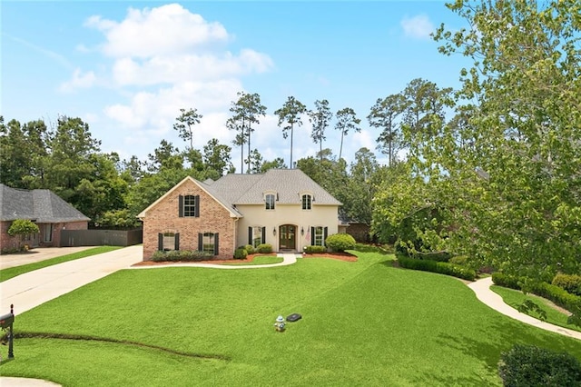 1132 Scarlet Oak Ln, Mandeville, LA 70448 - view of front of home featuring concrete driveway, a front lawn, view of wooded area, and brick siding
