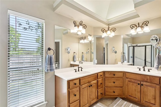 1132 Scarlet Oak Ln, Mandeville, LA 70448 - bathroom with double vanity, a shower stall, and a chandelier