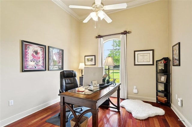 1132 Scarlet Oak Ln, Mandeville, LA 70448 - office space featuring crown molding, wood finished floors, ceiling fan, and baseboards