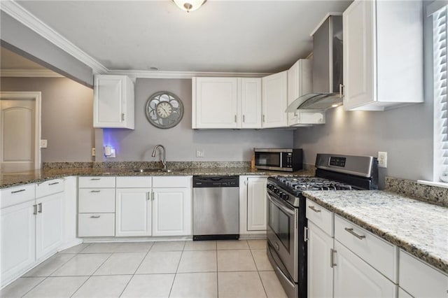 200 Pike Dr, Gretna, LA 70053 - kitchen with stainless steel appliances, a sink, wall chimney exhaust hood, ornamental molding, and white cabinetry