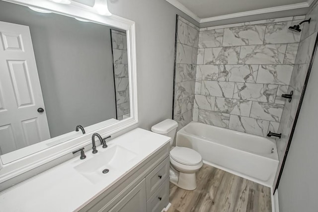 70 Old Hickory St, Chalmette, LA 70043 - bathroom with vanity, crown molding, toilet, wood finished floors, and shower / bath combination