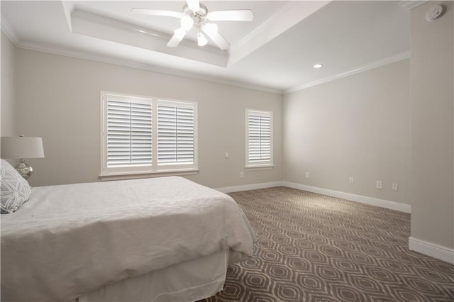 112 Short St Unit A, Slidell, LA 70461 - carpeted bedroom featuring ornamental molding, a raised ceiling, baseboards, recessed lighting, and ceiling fan