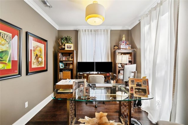 6838 Catina St, New Orleans, LA 70124 - home office with wood finished floors, ornamental molding, and baseboards