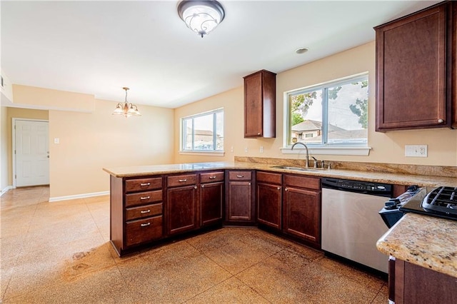 966-968 Allen Toussaint Blvd, New Orleans, LA 70124 - kitchen featuring stainless steel dishwasher, a sink, a peninsula, a chandelier, and baseboards
