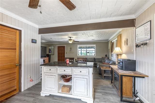 5679 Jean Lafitte Blvd, Jean Lafitte, LA 70067 - kitchen featuring a ceiling fan, light wood-type flooring, dark countertops, ornamental molding, and open floor plan