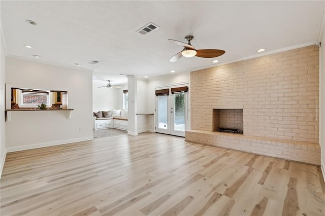 4517 Bissonet Dr, Metairie, LA 70003 - unfurnished living room featuring a ceiling fan, light wood-style floors, french doors, ornamental molding, and baseboards
