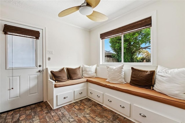 4517 Bissonet Dr, Metairie, LA 70003 - mudroom featuring a ceiling fan, ornamental molding, and brick patterned floors