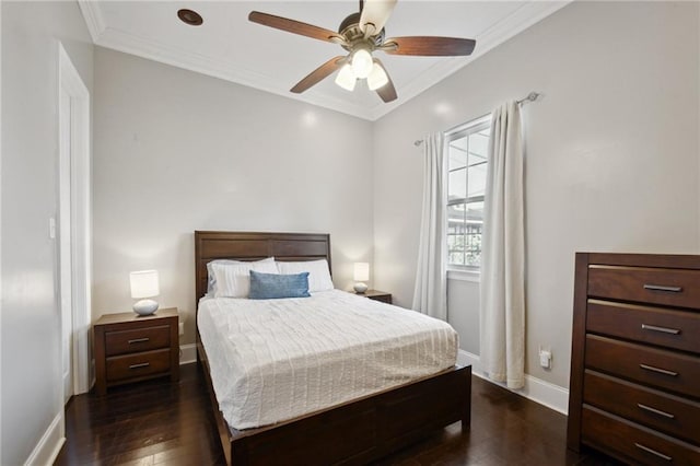 3445 Magnolia St, New Orleans, LA 70115 - bedroom with dark wood-style flooring, baseboards, crown molding, and ceiling fan