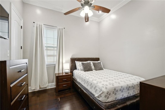 3445 Magnolia St, New Orleans, LA 70115 - bedroom with dark wood finished floors, baseboards, crown molding, and ceiling fan