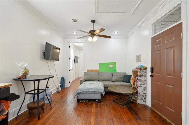3445 Magnolia St, New Orleans, LA 70115 - living room with hardwood / wood-style floors, ceiling fan, recessed lighting, ornamental molding, and baseboards