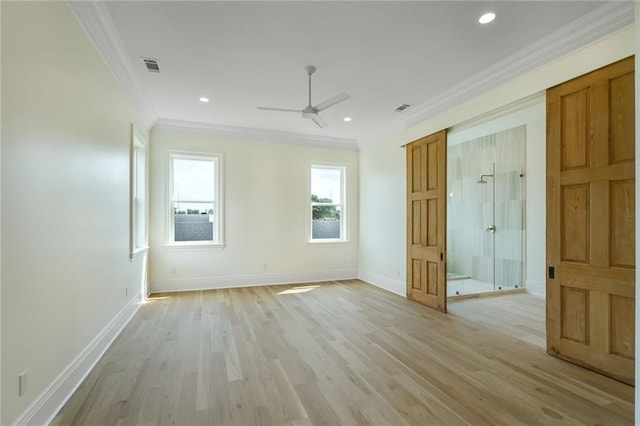 7104 Coliseum St, New Orleans, LA 70118 - empty room with ornamental molding, a ceiling fan, baseboards, light wood-style floors, and recessed lighting