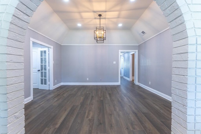 3701 Red Cypress Dr, New Orleans, LA 70131 - spare room featuring lofted ceiling, dark wood-style floors, a chandelier, baseboards, and recessed lighting