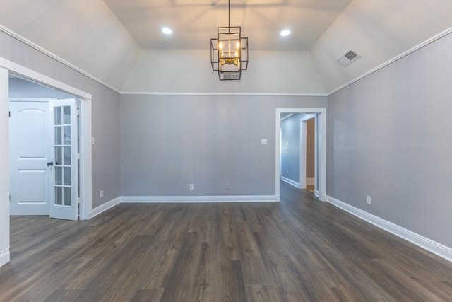 3701 Red Cypress Dr, New Orleans, LA 70131 - unfurnished dining area featuring vaulted ceiling, dark wood-style floors, baseboards, and a chandelier