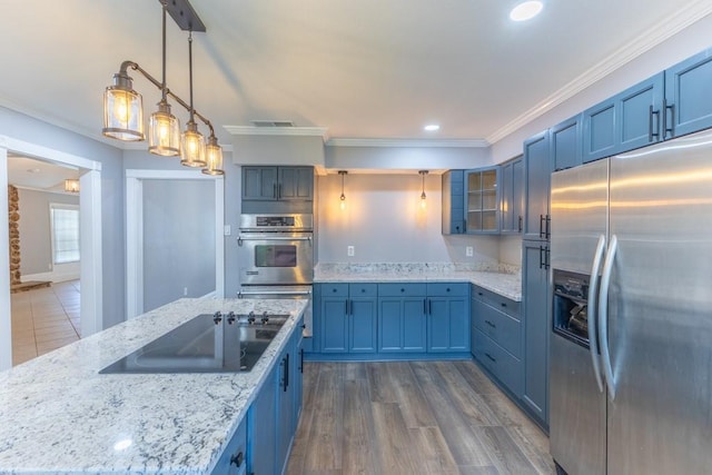 3701 Red Cypress Dr, New Orleans, LA 70131 - kitchen featuring stainless steel appliances, blue cabinets, crown molding, glass insert cabinets, and light stone countertops