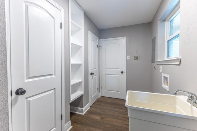 3701 Red Cypress Dr, New Orleans, LA 70131 - laundry room featuring washer hookup, dark wood-type flooring, and electric panel