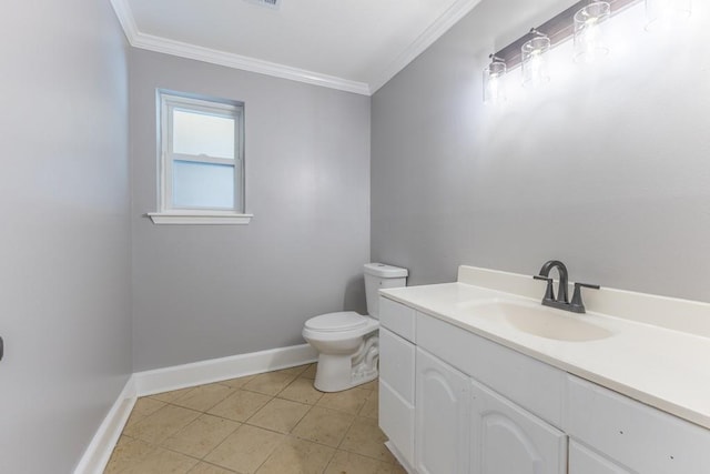 3701 Red Cypress Dr, New Orleans, LA 70131 - half bathroom featuring toilet, crown molding, vanity, baseboards, and tile patterned flooring