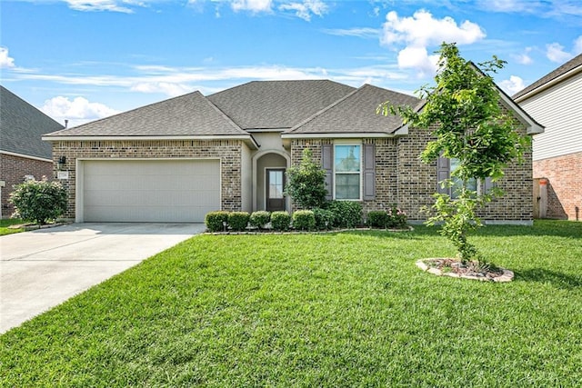 728 Lakeshore Village Dr, Slidell, LA 70461 - french country home with a garage, driveway, brick siding, a front lawn, and roof with shingles