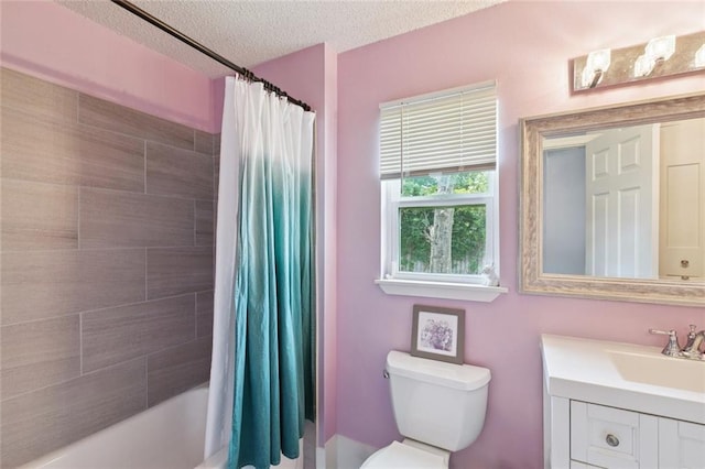 220 Moss Ln, River Ridge, LA 70123 - bathroom with toilet, vanity, a textured ceiling, and shower / bath combination with curtain