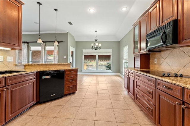 118 Windward Passage St, Slidell, LA 70458 - kitchen featuring black appliances, a chandelier, backsplash, light tile patterned floors, and recessed lighting