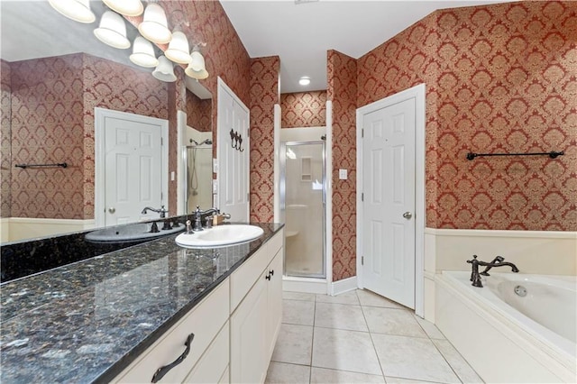 118 Windward Passage St, Slidell, LA 70458 - bathroom featuring vanity, a shower stall, tile patterned floors, a bath, and wallpapered walls