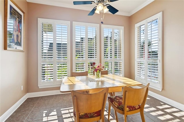 422 Kensington Blvd, Slidell, LA 70458 - dining area with baseboards, healthy amount of natural light, crown molding, and a ceiling fan