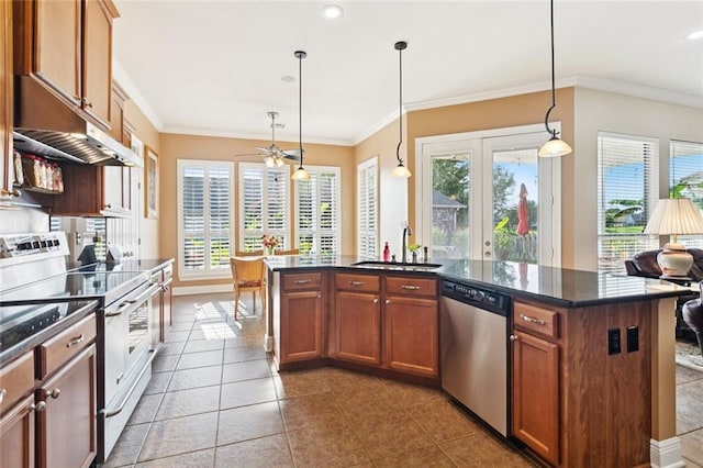 422 Kensington Blvd, Slidell, LA 70458 - kitchen featuring stainless steel dishwasher, range with electric stovetop, healthy amount of natural light, a sink, and ornamental molding