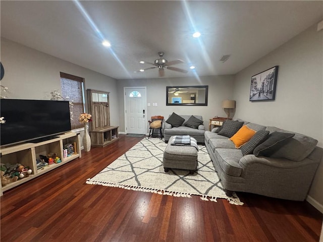 6035-37 Colbert St, New Orleans, LA 70124 - living room featuring wood finished floors, ceiling fan, recessed lighting, and baseboards