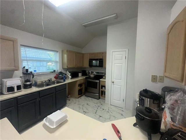 2227 Pine Valley Dr, La Place, LA 70068 - kitchen featuring electric range, black microwave, a sink, light marble finish flooring, and lofted ceiling