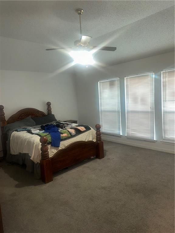 2227 Pine Valley Dr, La Place, LA 70068 - bedroom featuring carpet floors, a ceiling fan, and a textured ceiling