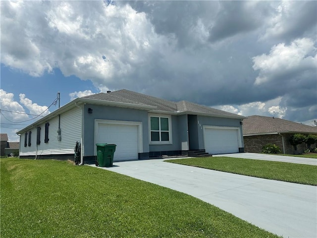 131 Belle Grove Dr, La Place, LA 70068 - single story home with concrete driveway, a front lawn, an attached garage, and stucco siding