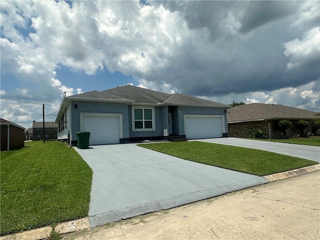 131 Belle Grove Dr, La Place, LA 70068 - ranch-style house featuring a garage, a front lawn, stucco siding, and driveway