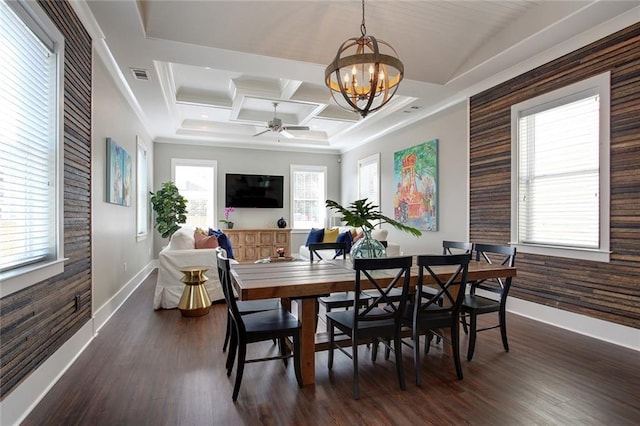637 S Dupre St, New Orleans, LA 70119 - dining space featuring baseboards, a chandelier, a ceiling fan, plenty of natural light, and coffered ceiling