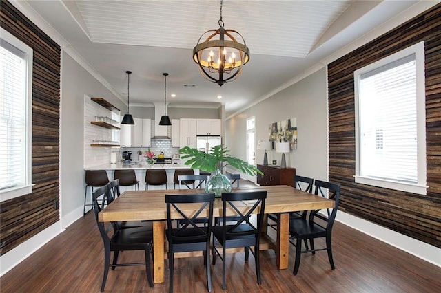 637 S Dupre St, New Orleans, LA 70119 - dining space featuring baseboards, a chandelier, dark wood-style floors, recessed lighting, and ornamental molding