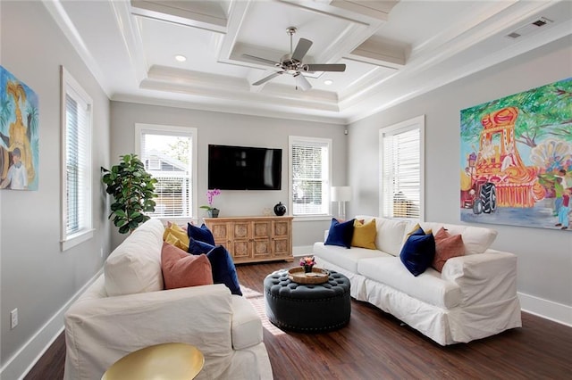 637 S Dupre St, New Orleans, LA 70119 - living area with coffered ceiling, baseboards, dark wood-type flooring, ceiling fan, and crown molding