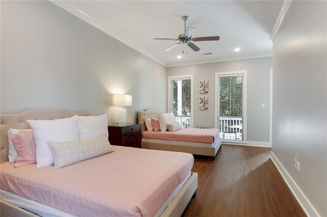 637 S Dupre St, New Orleans, LA 70119 - bedroom with baseboards, crown molding, dark wood-style flooring, recessed lighting, and a ceiling fan