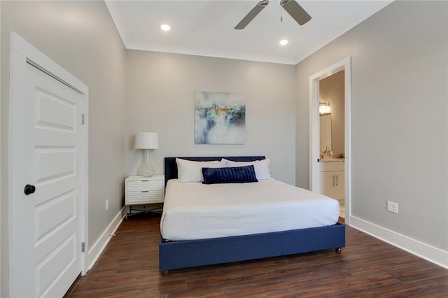 637 S Dupre St, New Orleans, LA 70119 - bedroom featuring baseboards, wood finished floors, ceiling fan, recessed lighting, and ensuite bathroom