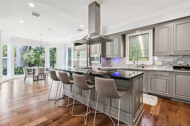 3 Fairview Ct, Metairie, LA 70005 - kitchen featuring island exhaust hood, gray cabinetry, built in appliances, a sink, and healthy amount of natural light