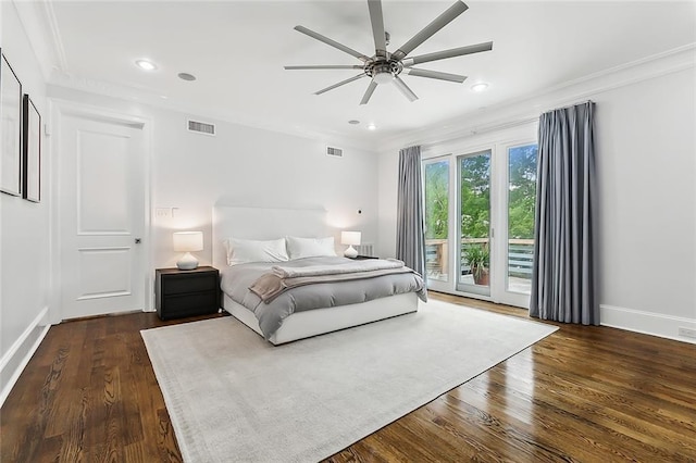 3 Fairview Ct, Metairie, LA 70005 - bedroom featuring access to exterior, crown molding, dark wood-style flooring, baseboards, and recessed lighting