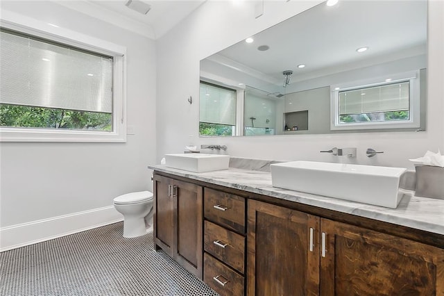 3 Fairview Ct, Metairie, LA 70005 - full bath featuring double vanity, toilet, baseboards, and crown molding