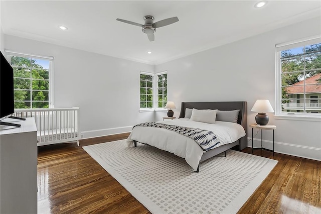 3 Fairview Ct, Metairie, LA 70005 - bedroom with multiple windows, baseboards, wood finished floors, recessed lighting, and a ceiling fan